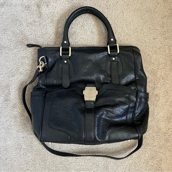 Mark Cross Genuine Black Leather Satchel Tote Bag Purse Cross Body Gold HW - Picture 4 of 15